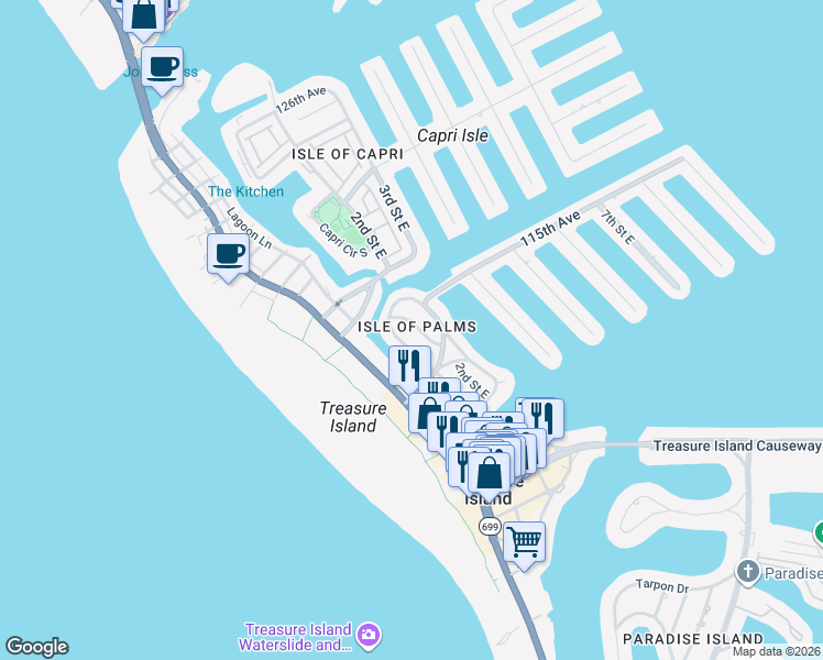 map of restaurants, bars, coffee shops, grocery stores, and more near 11295 1st Street East in Treasure Island