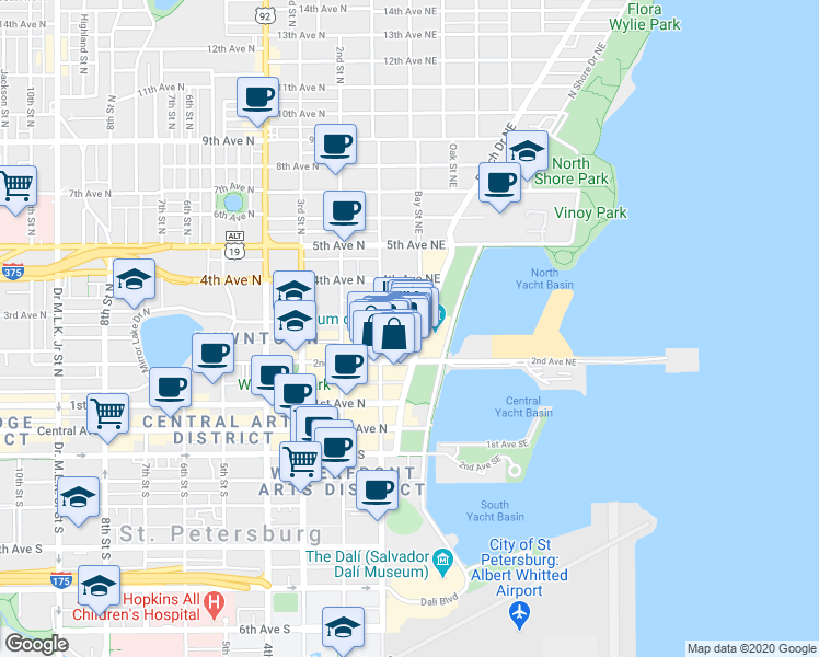 map of restaurants, bars, coffee shops, grocery stores, and more near 111 2nd Avenue Northeast in St. Petersburg