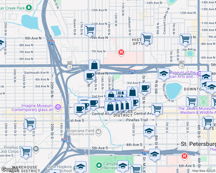 map of restaurants, bars, coffee shops, grocery stores, and more near 1235 Burlington Avenue North in St. Petersburg