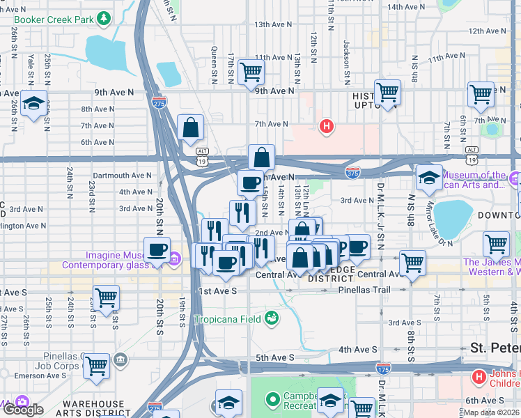 map of restaurants, bars, coffee shops, grocery stores, and more near 1501 Burlington Avenue North in St. Petersburg