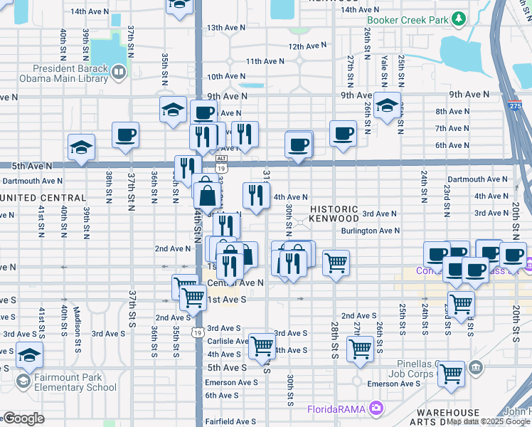 map of restaurants, bars, coffee shops, grocery stores, and more near 3155 Burlington Avenue North in St. Petersburg