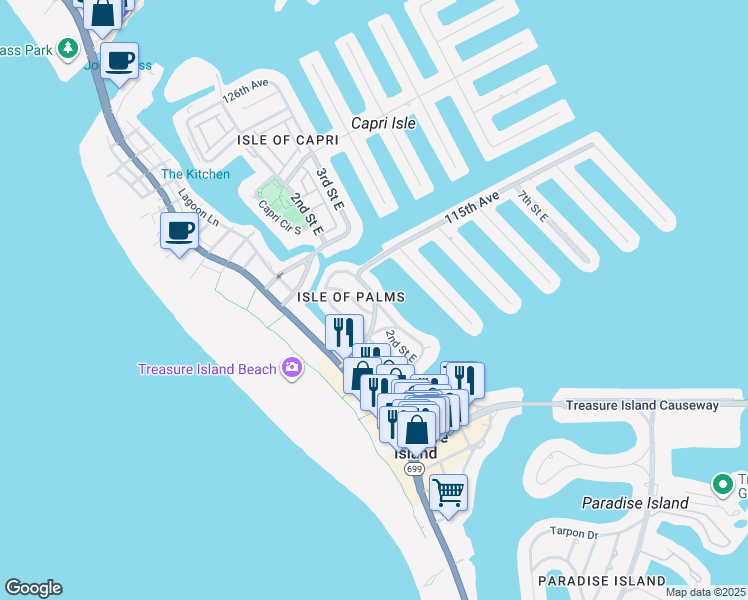 map of restaurants, bars, coffee shops, grocery stores, and more near 11295 1st Street East in Treasure Island