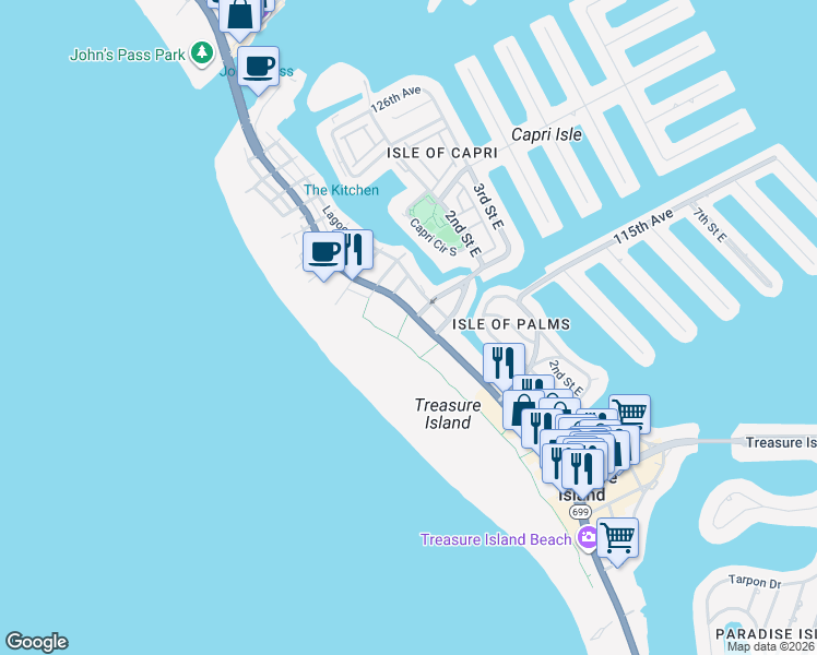 map of restaurants, bars, coffee shops, grocery stores, and more near 11730 Florida 699 in Treasure Island