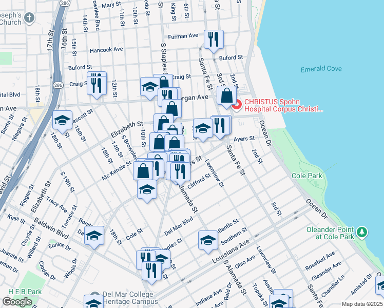 map of restaurants, bars, coffee shops, grocery stores, and more near 927 Ayers Street in Corpus Christi
