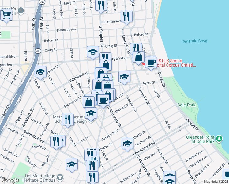 map of restaurants, bars, coffee shops, grocery stores, and more near 927 Ayers Street in Corpus Christi