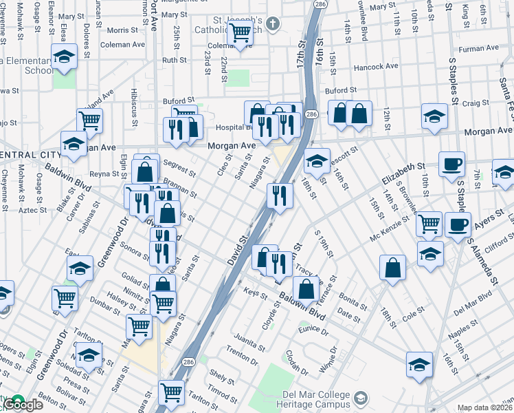 map of restaurants, bars, coffee shops, grocery stores, and more near 2417 David Street in Corpus Christi