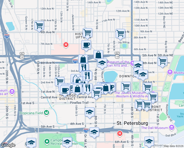 map of restaurants, bars, coffee shops, grocery stores, and more near 835 Burlington Avenue North in St. Petersburg