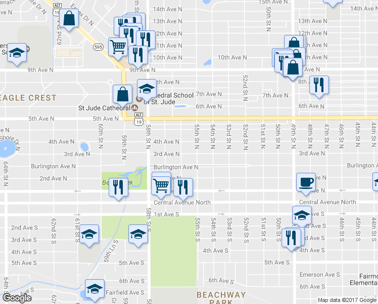 map of restaurants, bars, coffee shops, grocery stores, and more near 5521 Burlington Avenue North in St. Petersburg