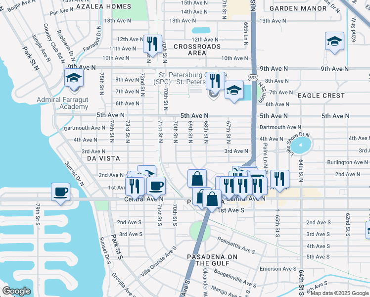 map of restaurants, bars, coffee shops, grocery stores, and more near 6919 3rd Avenue North in Saint Petersburg