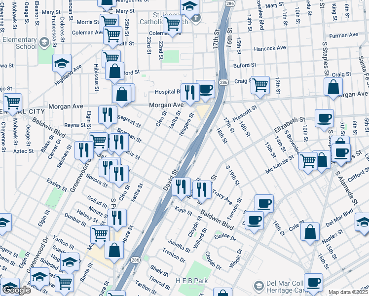 map of restaurants, bars, coffee shops, grocery stores, and more near 2417 David Street in Corpus Christi