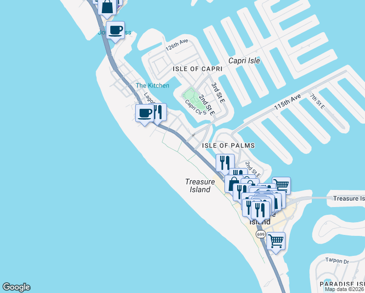 map of restaurants, bars, coffee shops, grocery stores, and more near 11730 Gulf Boulevard in Treasure Island