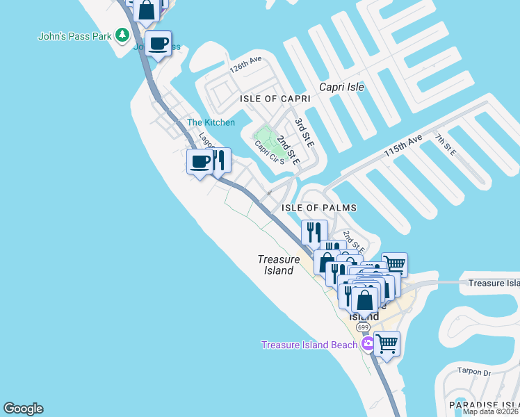 map of restaurants, bars, coffee shops, grocery stores, and more near 11730 Florida 699 in Treasure Island