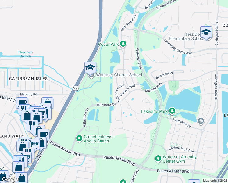map of restaurants, bars, coffee shops, grocery stores, and more near 6530 Salt Creek Avenue in Apollo Beach