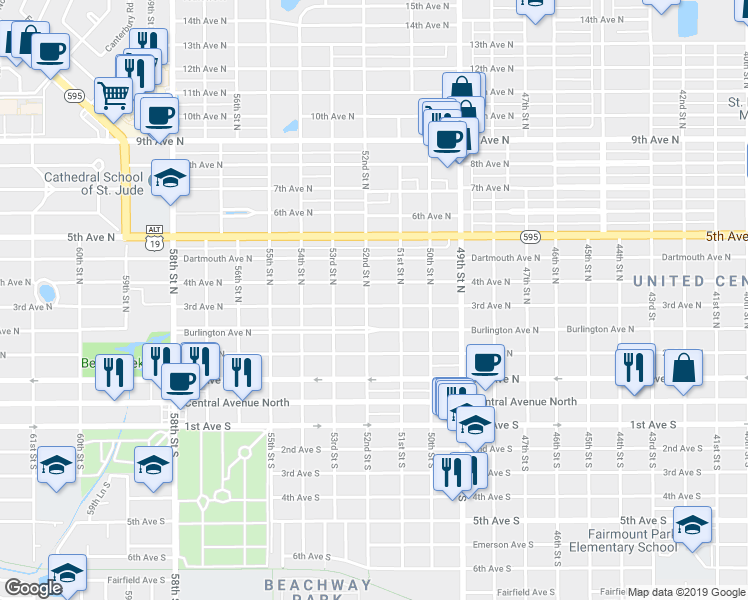 map of restaurants, bars, coffee shops, grocery stores, and more near 5200 4th Avenue North in St. Petersburg