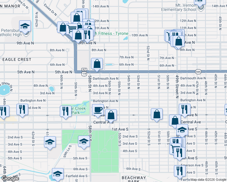 map of restaurants, bars, coffee shops, grocery stores, and more near 5521 4th Avenue North in St. Petersburg