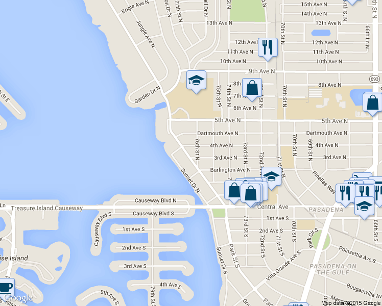 map of restaurants, bars, coffee shops, grocery stores, and more near 7633 4th Avenue North in St. Petersburg