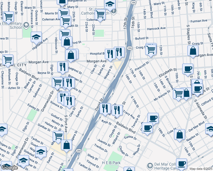 map of restaurants, bars, coffee shops, grocery stores, and more near 2306 Niagara Street in Corpus Christi