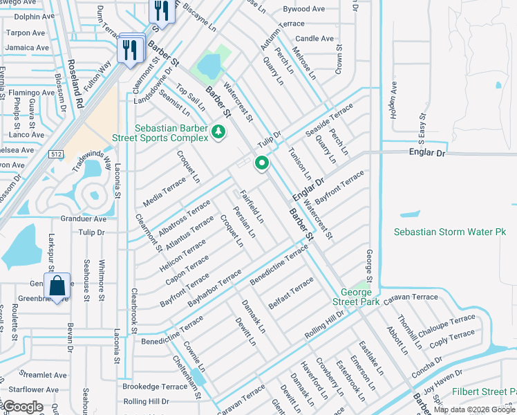 map of restaurants, bars, coffee shops, grocery stores, and more near 1114 Coverbrook Lane in Sebastian