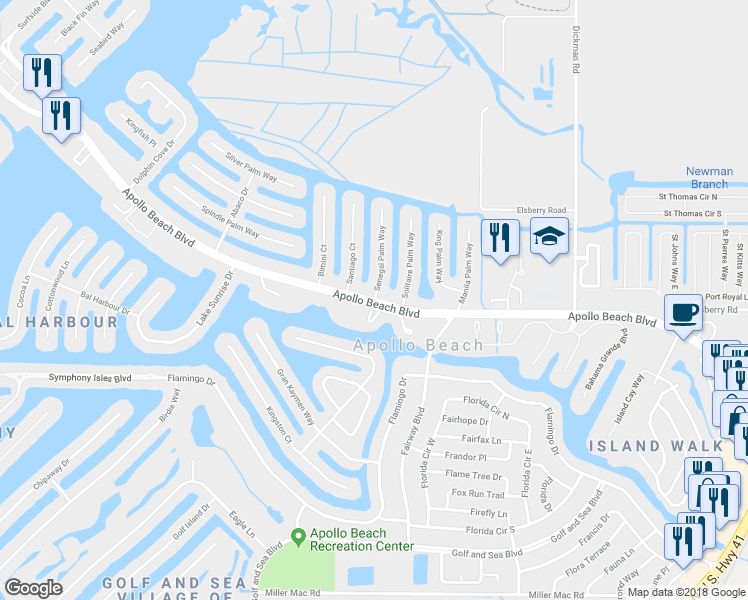 map of restaurants, bars, coffee shops, grocery stores, and more near 6500 Senegal Palm Way in Apollo Beach