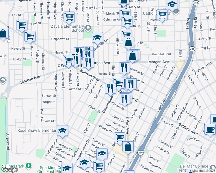map of restaurants, bars, coffee shops, grocery stores, and more near 2817 Agrito Street in Corpus Christi
