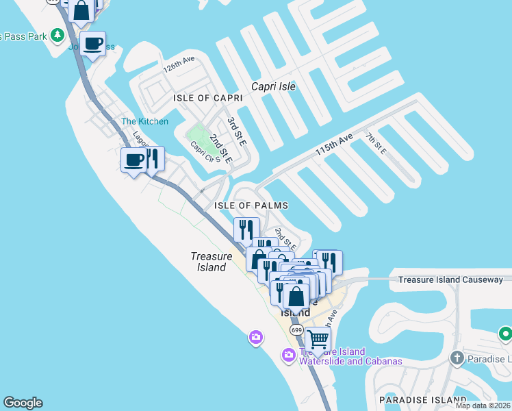 map of restaurants, bars, coffee shops, grocery stores, and more near 11498-11300 3rd Street East in Treasure Island