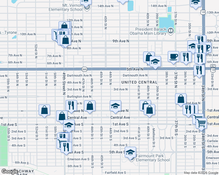 map of restaurants, bars, coffee shops, grocery stores, and more near 4421 4th Avenue North in St. Petersburg