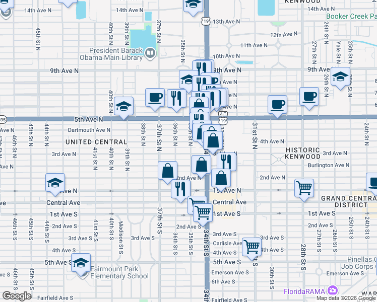 map of restaurants, bars, coffee shops, grocery stores, and more near 3526 4th Avenue North in St. Petersburg