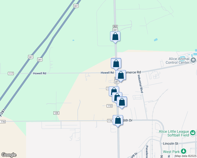 map of restaurants, bars, coffee shops, grocery stores, and more near 197 Howell Road in Alice