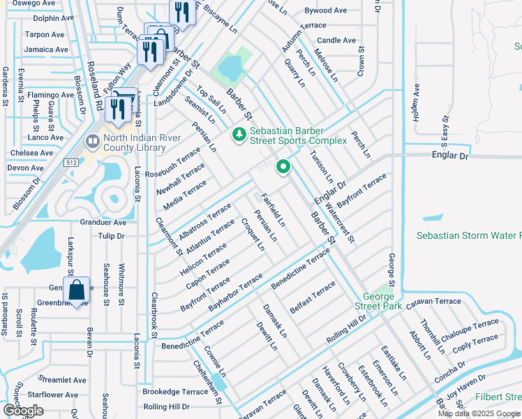 map of restaurants, bars, coffee shops, grocery stores, and more near 1102 Persian Lane in Sebastian