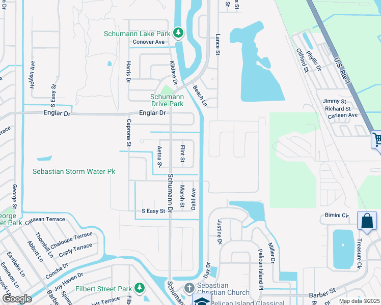 map of restaurants, bars, coffee shops, grocery stores, and more near 138 Admiral Circle in Sebastian