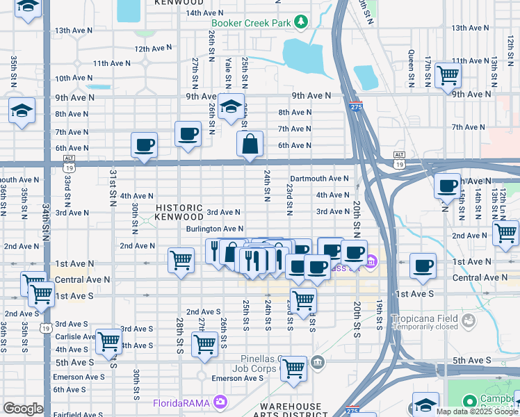 map of restaurants, bars, coffee shops, grocery stores, and more near 2434 4th Avenue North in St. Petersburg