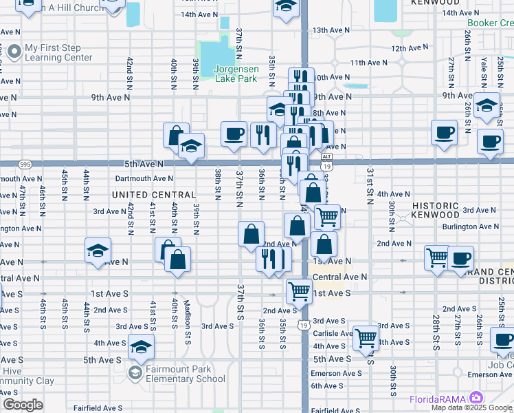 map of restaurants, bars, coffee shops, grocery stores, and more near 3634 4th Avenue North in St. Petersburg
