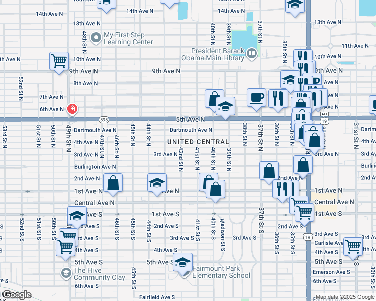 map of restaurants, bars, coffee shops, grocery stores, and more near 4101 4th Avenue North in St. Petersburg