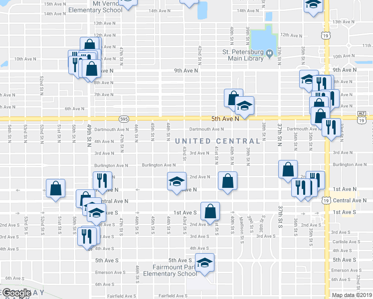 map of restaurants, bars, coffee shops, grocery stores, and more near 4308 4th Avenue North in St. Petersburg