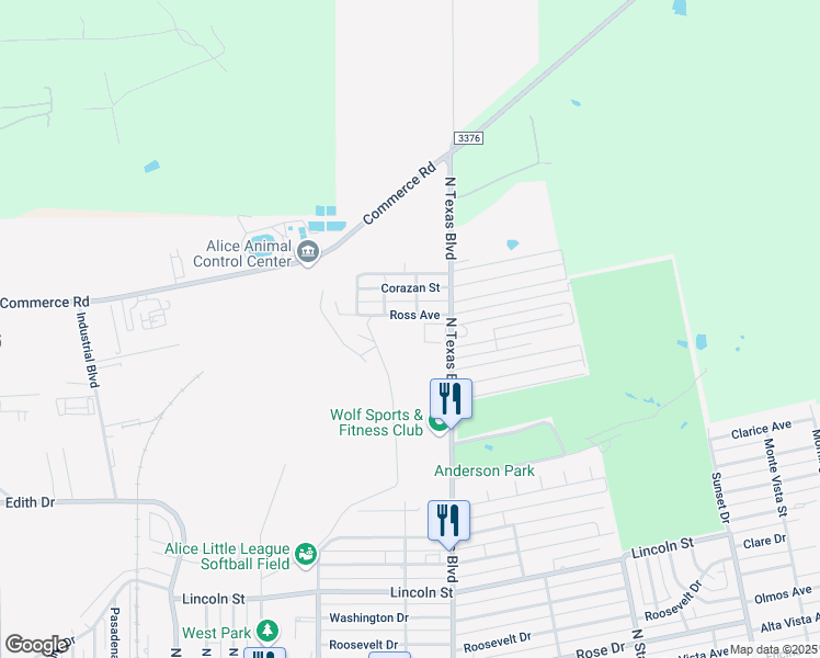 map of restaurants, bars, coffee shops, grocery stores, and more near 915 Ross Avenue in Alice
