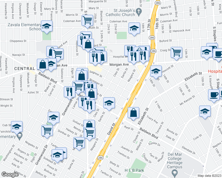 map of restaurants, bars, coffee shops, grocery stores, and more near 2416 Brannan Street in Corpus Christi