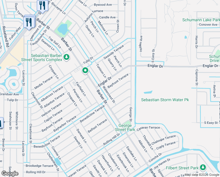 map of restaurants, bars, coffee shops, grocery stores, and more near 493 Englar Drive in Sebastian