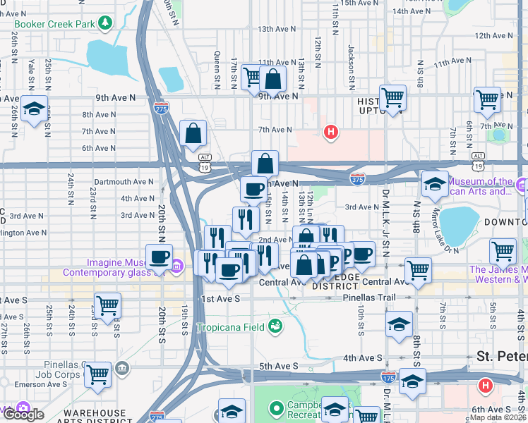 map of restaurants, bars, coffee shops, grocery stores, and more near 333 16th Street North in St. Petersburg