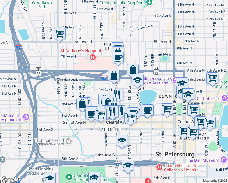 map of restaurants, bars, coffee shops, grocery stores, and more near 318 Doctor Martin Luther King Junior Street North in St. Petersburg