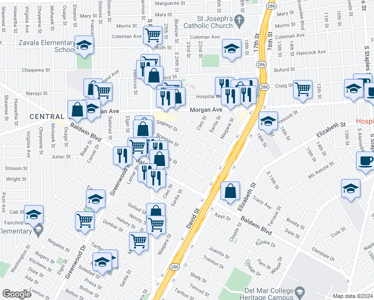 map of restaurants, bars, coffee shops, grocery stores, and more near 2418 Brannan Street in Corpus Christi