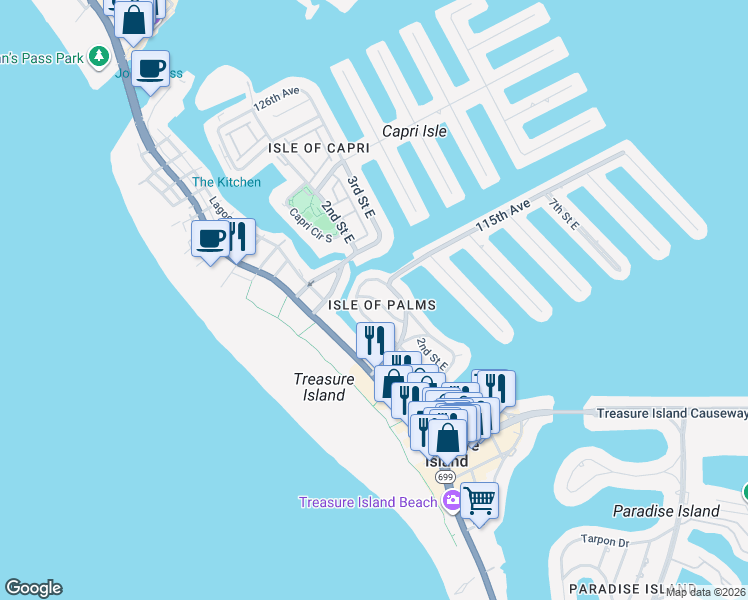 map of restaurants, bars, coffee shops, grocery stores, and more near 11498-11300 3rd Street East in Treasure Island