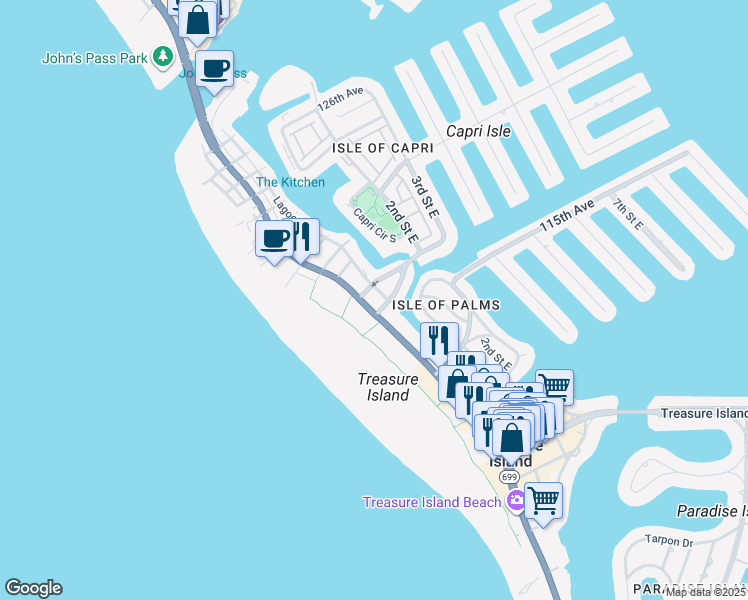 map of restaurants, bars, coffee shops, grocery stores, and more near 11605 Gulf Boulevard in Treasure Island
