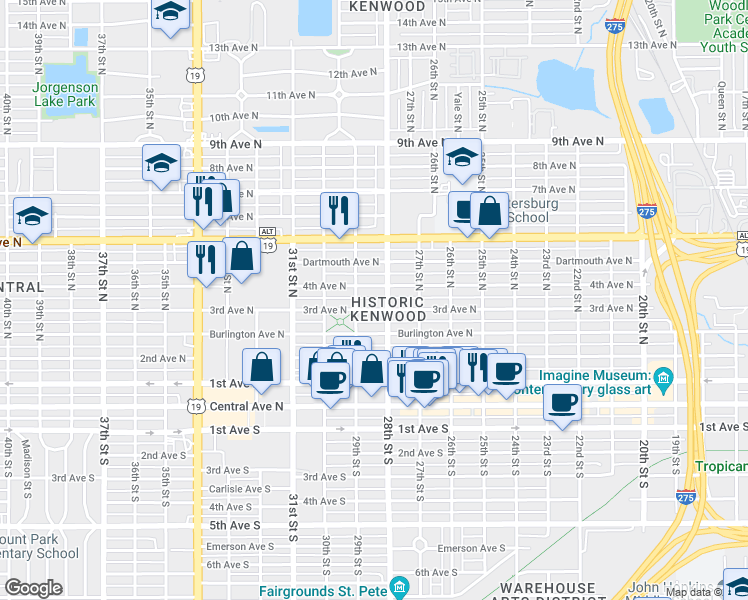 map of restaurants, bars, coffee shops, grocery stores, and more near 2825 3rd Avenue North in St. Petersburg