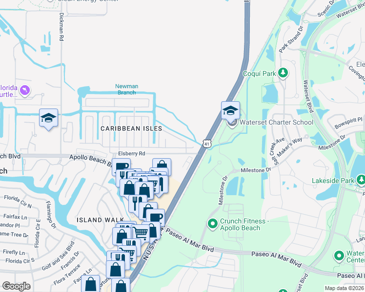 map of restaurants, bars, coffee shops, grocery stores, and more near 223 North Saint George Circle in Apollo Beach