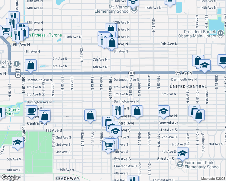 map of restaurants, bars, coffee shops, grocery stores, and more near 4860 4th Avenue North in St. Petersburg