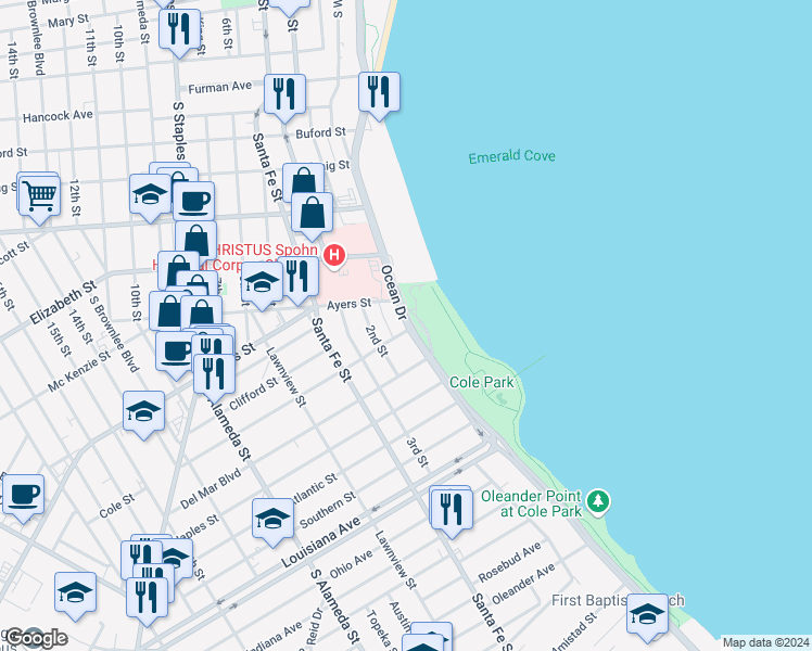 map of restaurants, bars, coffee shops, grocery stores, and more near 1521 Ocean Drive in Corpus Christi