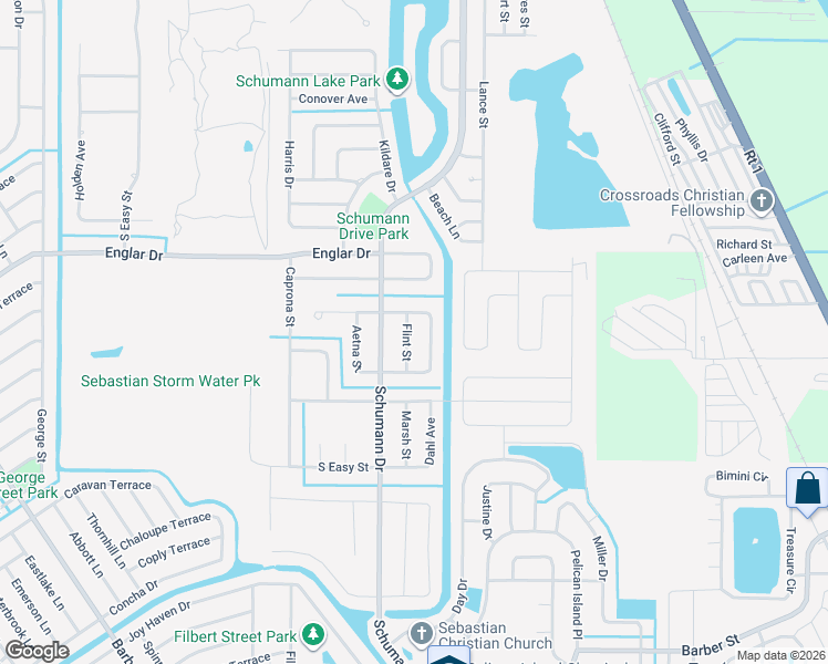 map of restaurants, bars, coffee shops, grocery stores, and more near 112 Flint Street in Sebastian