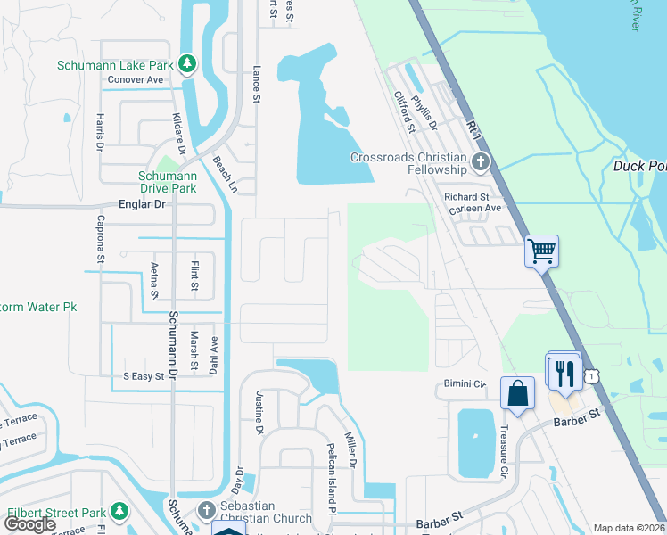 map of restaurants, bars, coffee shops, grocery stores, and more near 174 Spring Valley Avenue in Sebastian