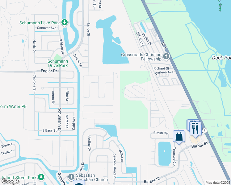 map of restaurants, bars, coffee shops, grocery stores, and more near 174 Spring Valley Avenue in Sebastian