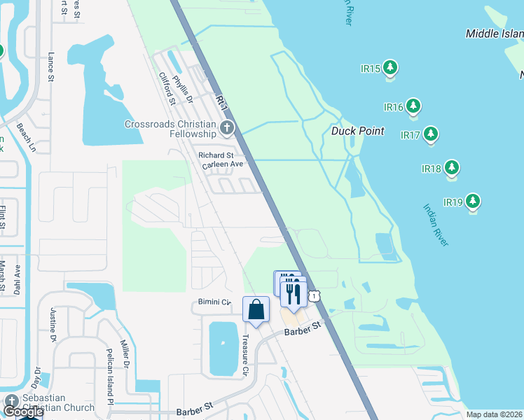 map of restaurants, bars, coffee shops, grocery stores, and more near North US Highway 1 in Sebastian